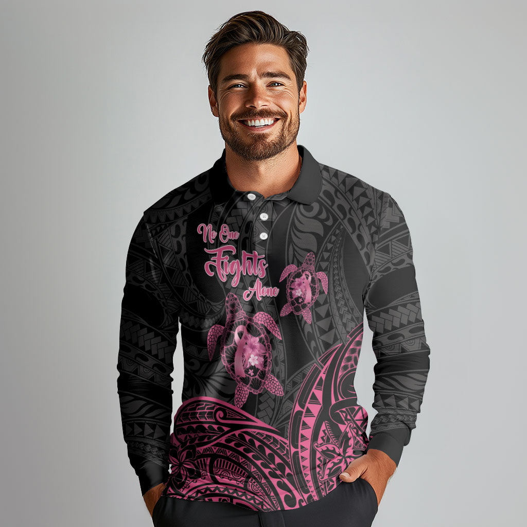 Personalised Polynesia Breast Cancer Support Long Sleeve Polo Shirt No One Fights Alone Turtle Ribbon Black