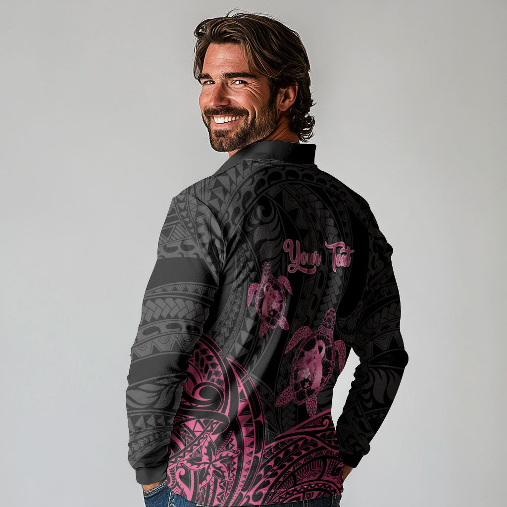 Personalised Polynesia Breast Cancer Support Long Sleeve Polo Shirt No One Fights Alone Turtle Ribbon Black