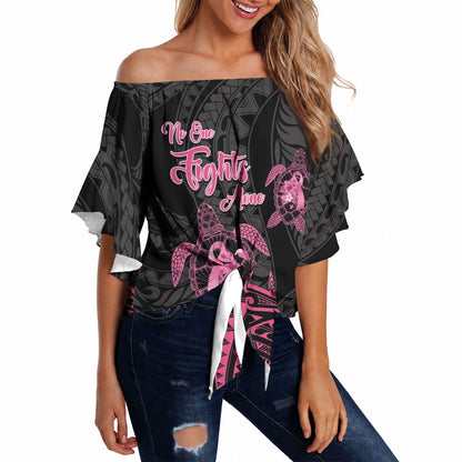 Personalised Polynesia Breast Cancer Support Off Shoulder Wrap Waist Top No One Fights Alone Turtle Ribbon Black