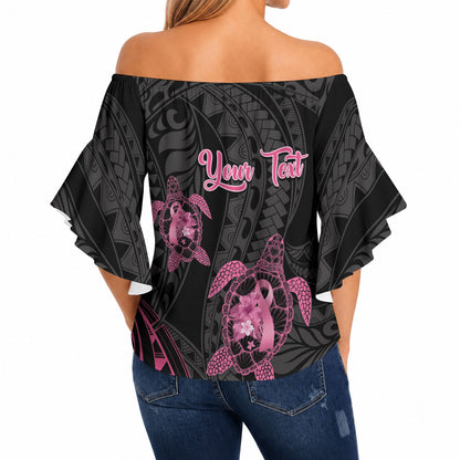 Personalised Polynesia Breast Cancer Support Off Shoulder Wrap Waist Top No One Fights Alone Turtle Ribbon Black