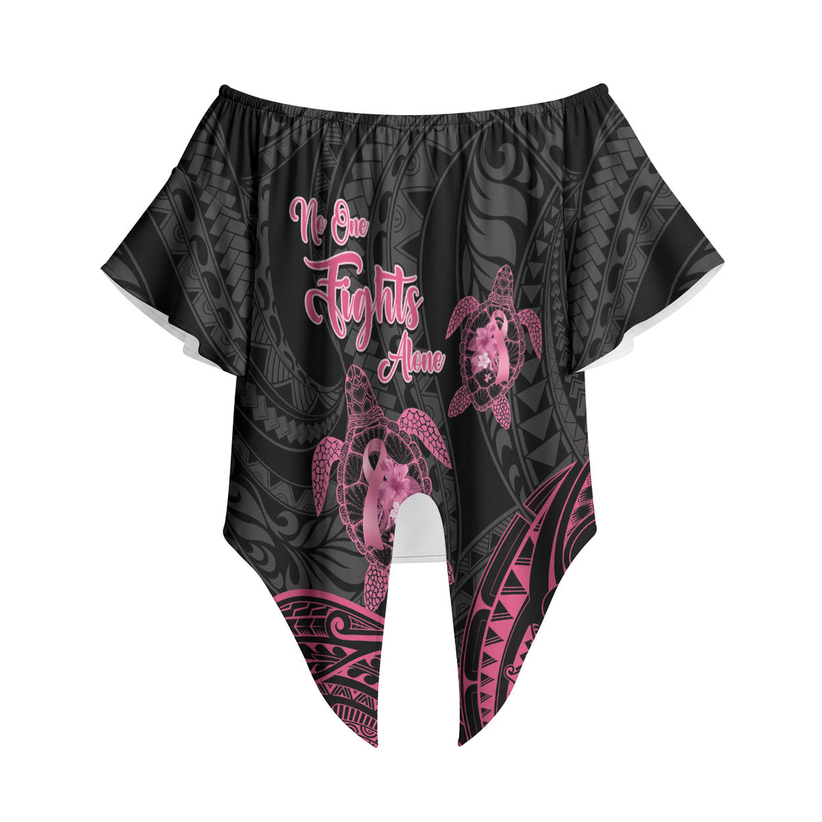 Personalised Polynesia Breast Cancer Support Off Shoulder Wrap Waist Top No One Fights Alone Turtle Ribbon Black