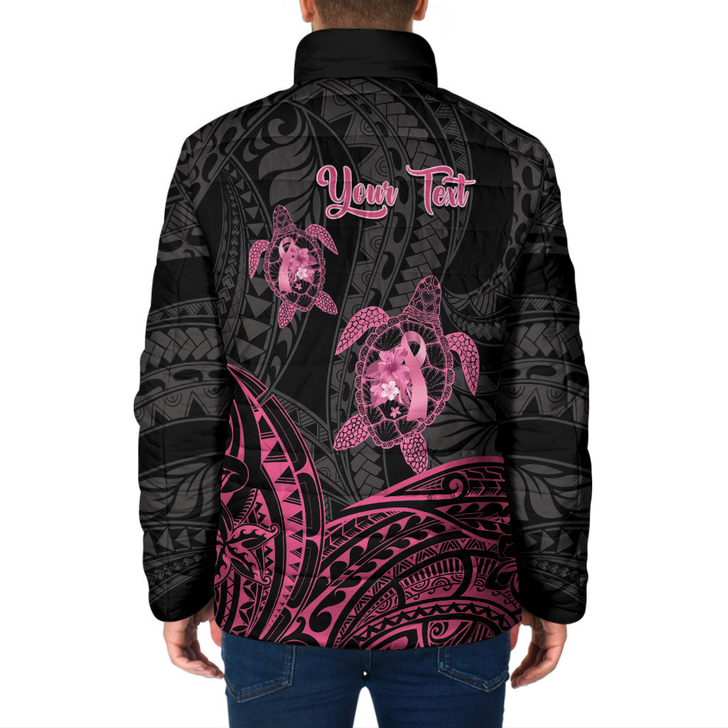 Personalised Polynesia Breast Cancer Support Padded Jacket No One Fights Alone Turtle Ribbon Black
