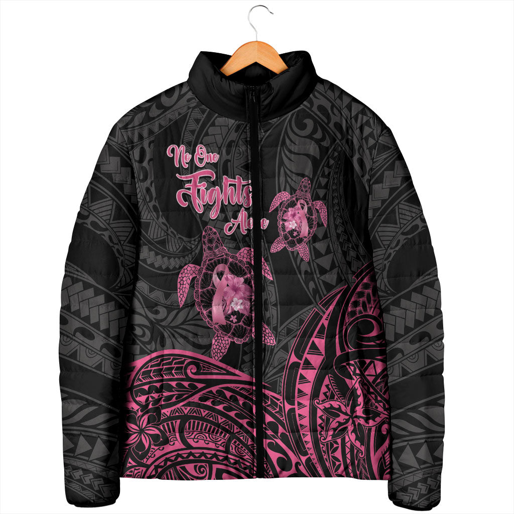 Personalised Polynesia Breast Cancer Support Padded Jacket No One Fights Alone Turtle Ribbon Black