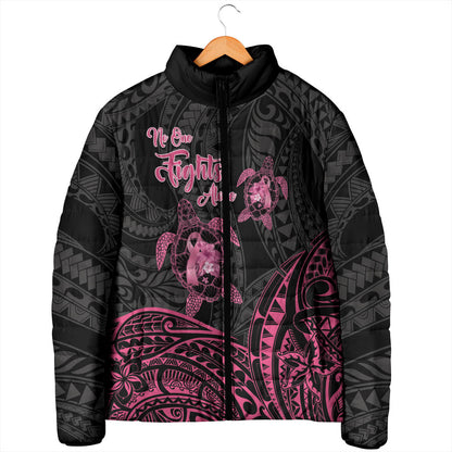 Personalised Polynesia Breast Cancer Support Padded Jacket No One Fights Alone Turtle Ribbon Black