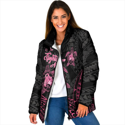 Personalised Polynesia Breast Cancer Support Padded Jacket No One Fights Alone Turtle Ribbon Black