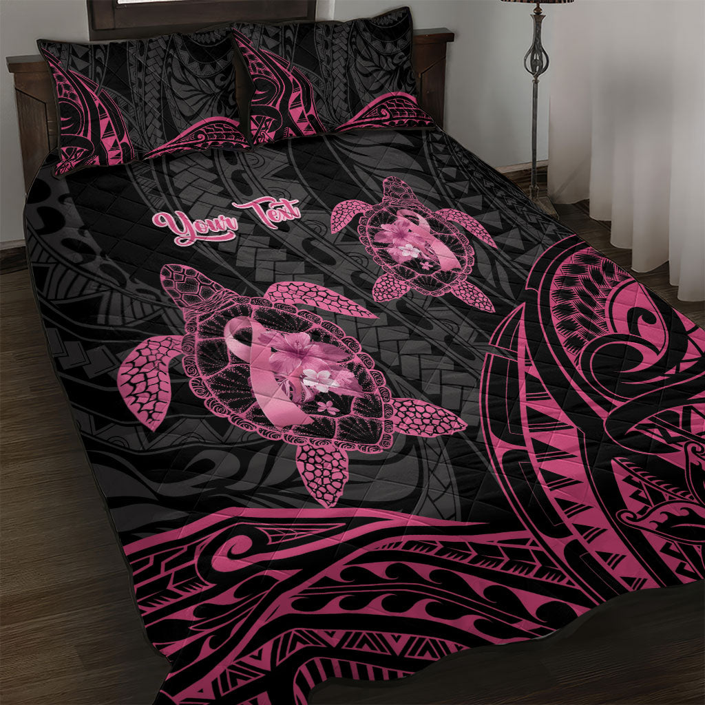 Personalised Polynesia Breast Cancer Support Quilt Bed Set No One Fights Alone Turtle Ribbon Black