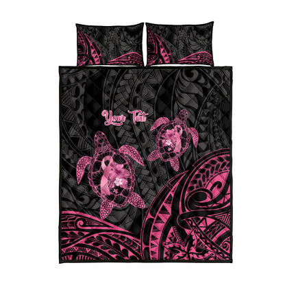 Personalised Polynesia Breast Cancer Support Quilt Bed Set No One Fights Alone Turtle Ribbon Black