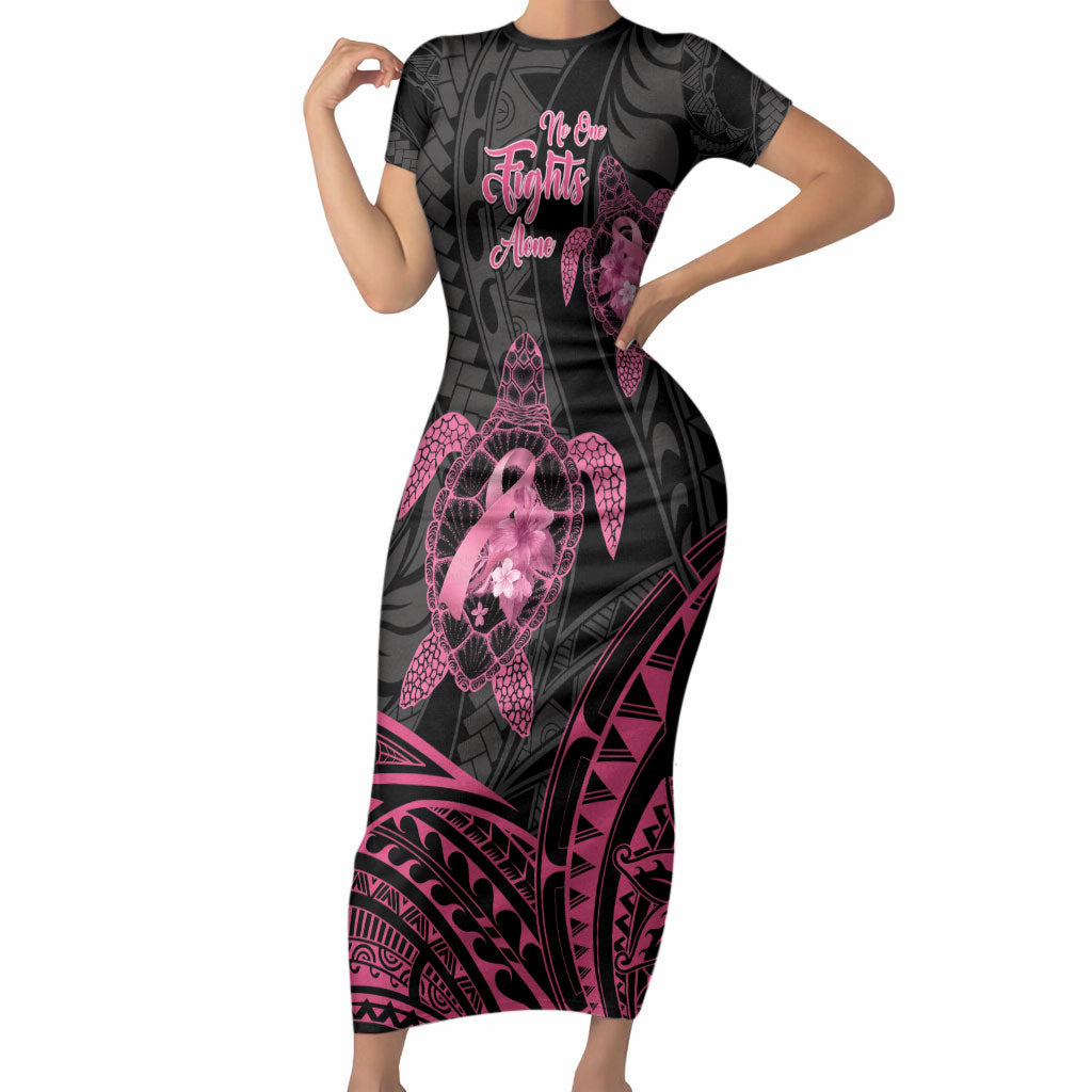Personalised Polynesia Breast Cancer Support Short Sleeve Bodycon Dress No One Fights Alone Turtle Ribbon Black