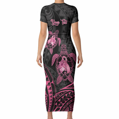 Personalised Polynesia Breast Cancer Support Short Sleeve Bodycon Dress No One Fights Alone Turtle Ribbon Black
