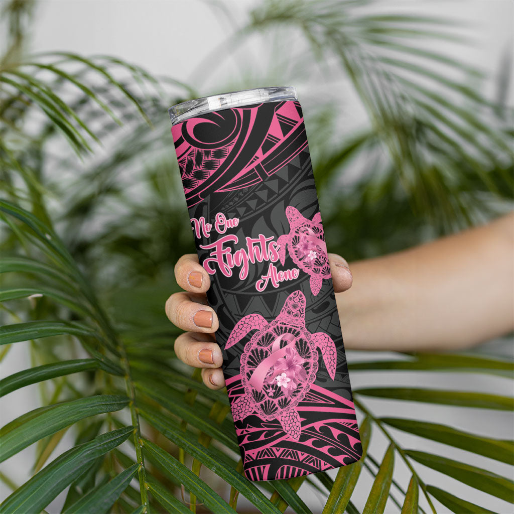 Personalised Polynesia Breast Cancer Support Skinny Tumbler No One Fights Alone Turtle Ribbon Black