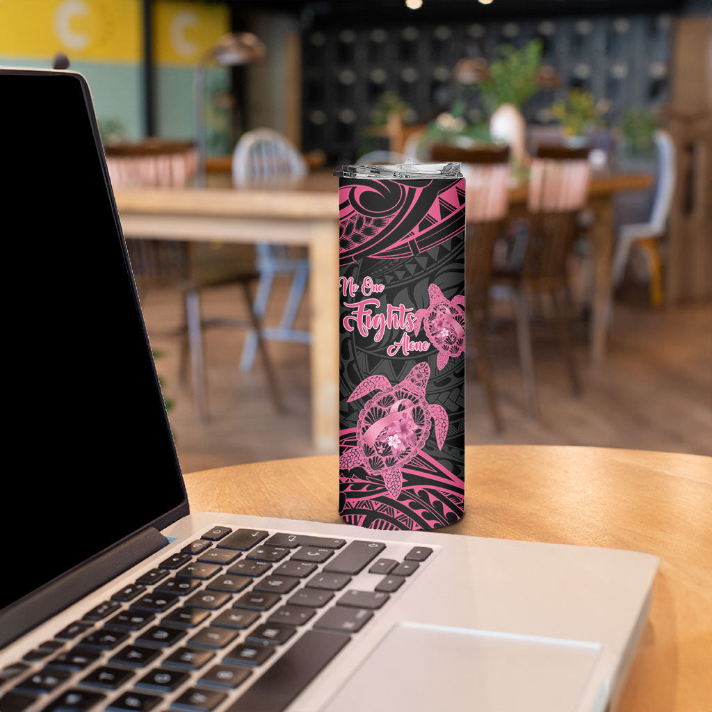 Personalised Polynesia Breast Cancer Support Skinny Tumbler No One Fights Alone Turtle Ribbon Black