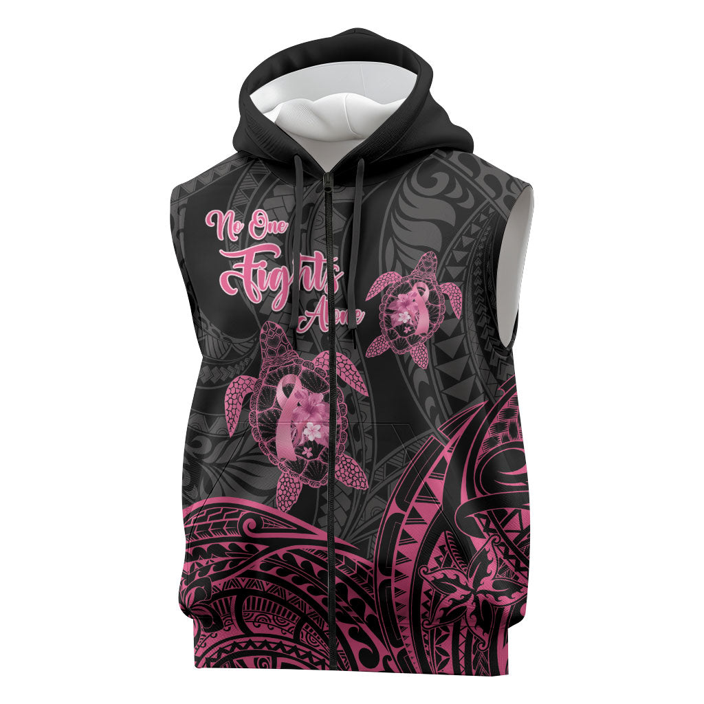 Personalised Polynesia Breast Cancer Support Sleeveless Zip Hoodie No One Fights Alone Turtle Ribbon Black