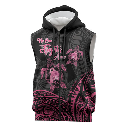 Personalised Polynesia Breast Cancer Support Sleeveless Zip Hoodie No One Fights Alone Turtle Ribbon Black