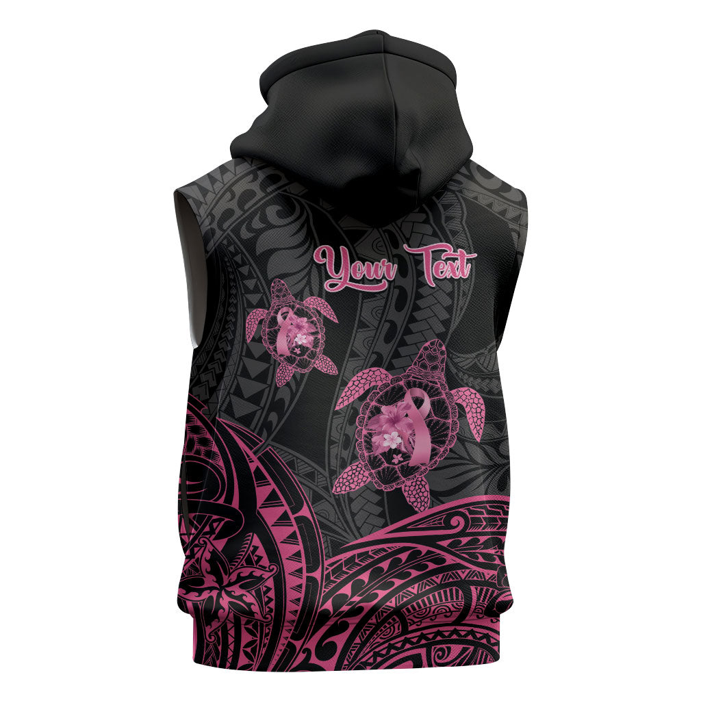 Personalised Polynesia Breast Cancer Support Sleeveless Zip Hoodie No One Fights Alone Turtle Ribbon Black