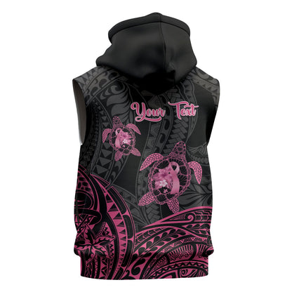 Personalised Polynesia Breast Cancer Support Sleeveless Zip Hoodie No One Fights Alone Turtle Ribbon Black