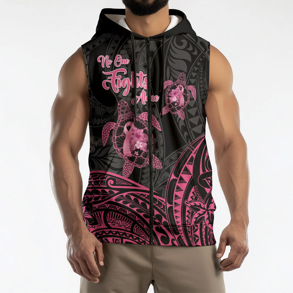 Personalised Polynesia Breast Cancer Support Sleeveless Zip Hoodie No One Fights Alone Turtle Ribbon Black