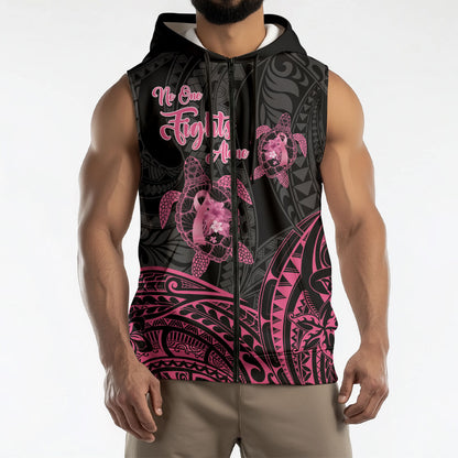 Personalised Polynesia Breast Cancer Support Sleeveless Zip Hoodie No One Fights Alone Turtle Ribbon Black