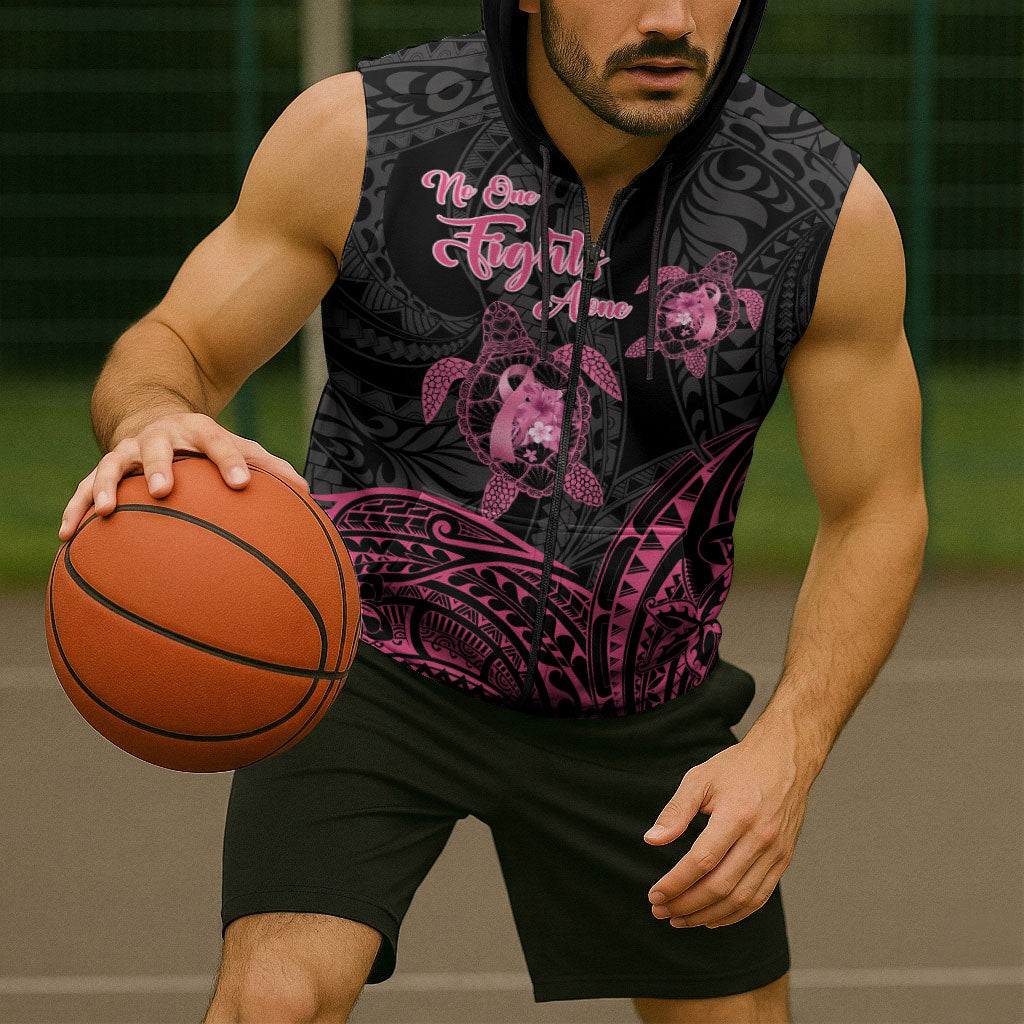 Personalised Polynesia Breast Cancer Support Sleeveless Zip Hoodie No One Fights Alone Turtle Ribbon Black