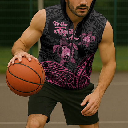 Personalised Polynesia Breast Cancer Support Sleeveless Zip Hoodie No One Fights Alone Turtle Ribbon Black