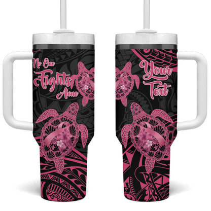 Personalised Polynesia Breast Cancer Support Tumbler With Handle No One Fights Alone Turtle Ribbon Black