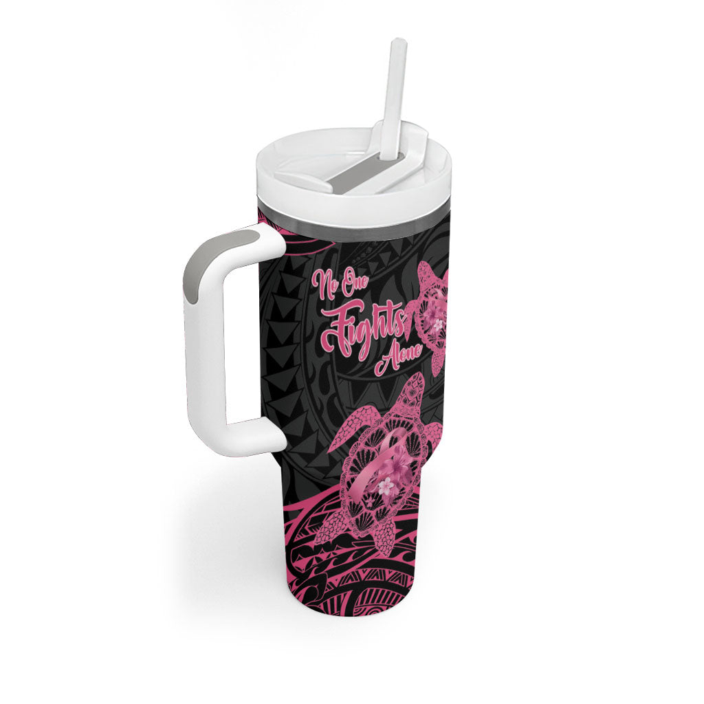 Personalised Polynesia Breast Cancer Support Tumbler With Handle No One Fights Alone Turtle Ribbon Black