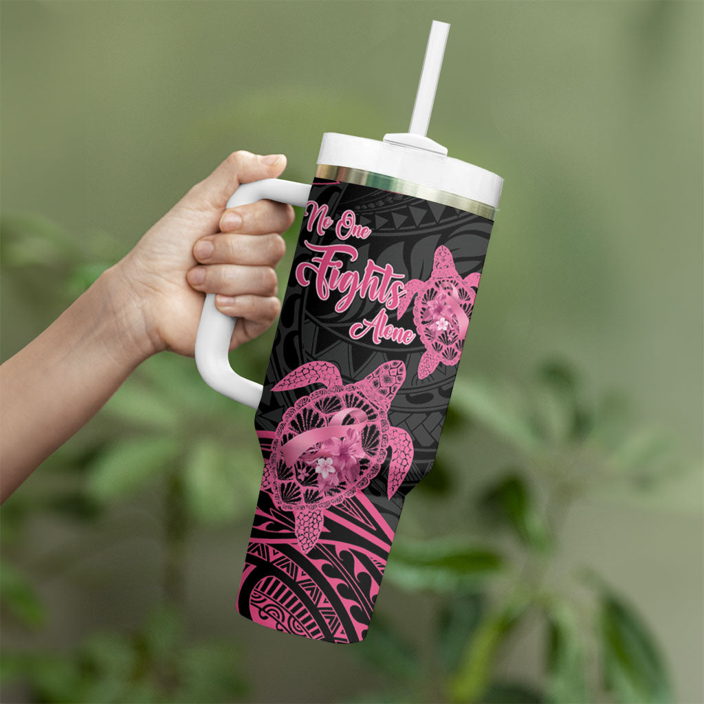 Personalised Polynesia Breast Cancer Support Tumbler With Handle No One Fights Alone Turtle Ribbon Black