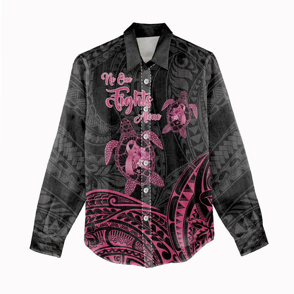 Personalised Polynesia Breast Cancer Support Women Casual Shirt No One Fights Alone Turtle Ribbon Black