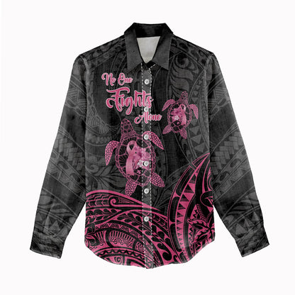 Personalised Polynesia Breast Cancer Support Women Casual Shirt No One Fights Alone Turtle Ribbon Black