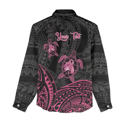 Personalised Polynesia Breast Cancer Support Women Casual Shirt No One Fights Alone Turtle Ribbon Black
