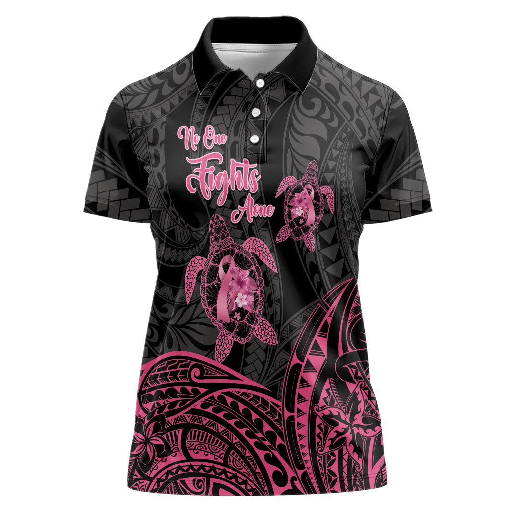 Personalised Polynesia Breast Cancer Support Women Polo Shirt No One Fights Alone Turtle Ribbon Black