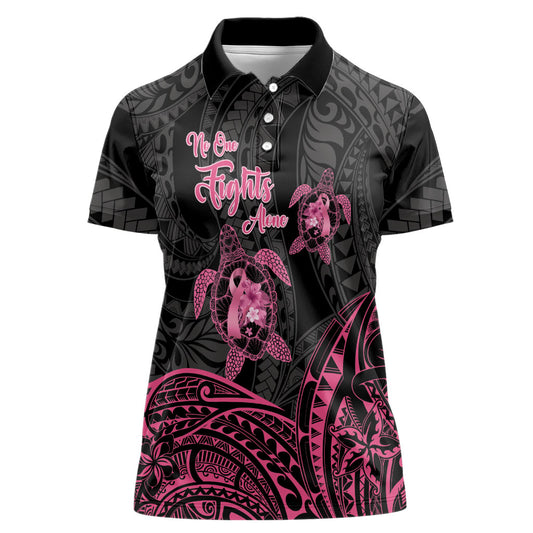 Personalised Polynesia Breast Cancer Support Women Polo Shirt No One Fights Alone Turtle Ribbon Black