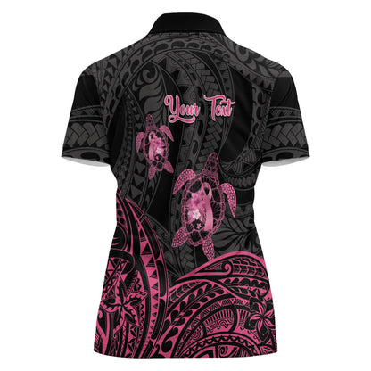 Personalised Polynesia Breast Cancer Support Women Polo Shirt No One Fights Alone Turtle Ribbon Black