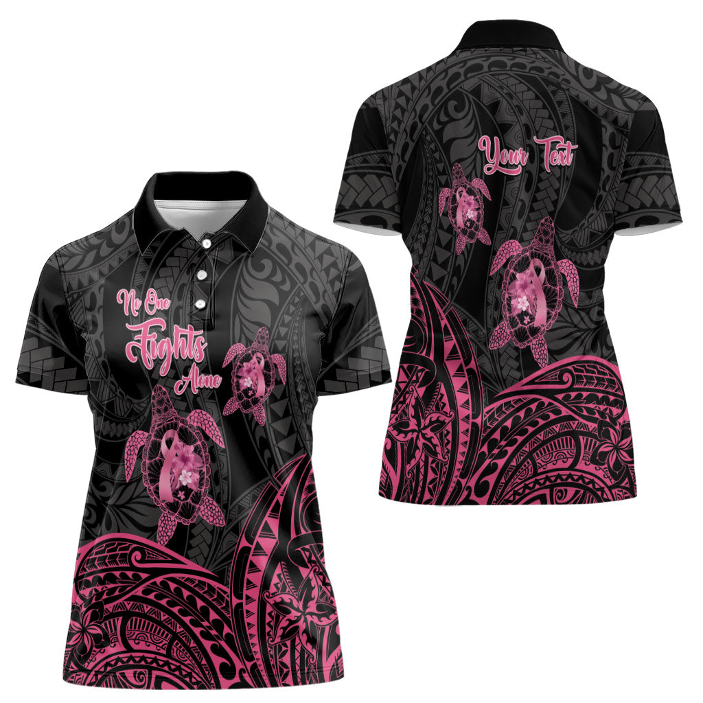Personalised Polynesia Breast Cancer Support Women Polo Shirt No One Fights Alone Turtle Ribbon Black