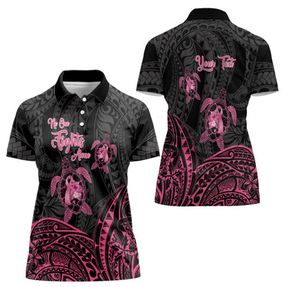Personalised Polynesia Breast Cancer Support Women Polo Shirt No One Fights Alone Turtle Ribbon Black