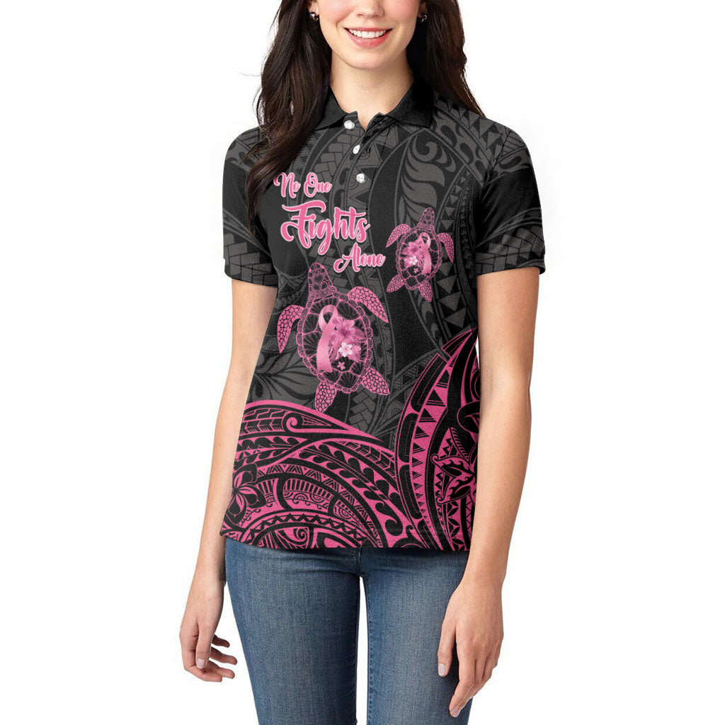Personalised Polynesia Breast Cancer Support Women Polo Shirt No One Fights Alone Turtle Ribbon Black