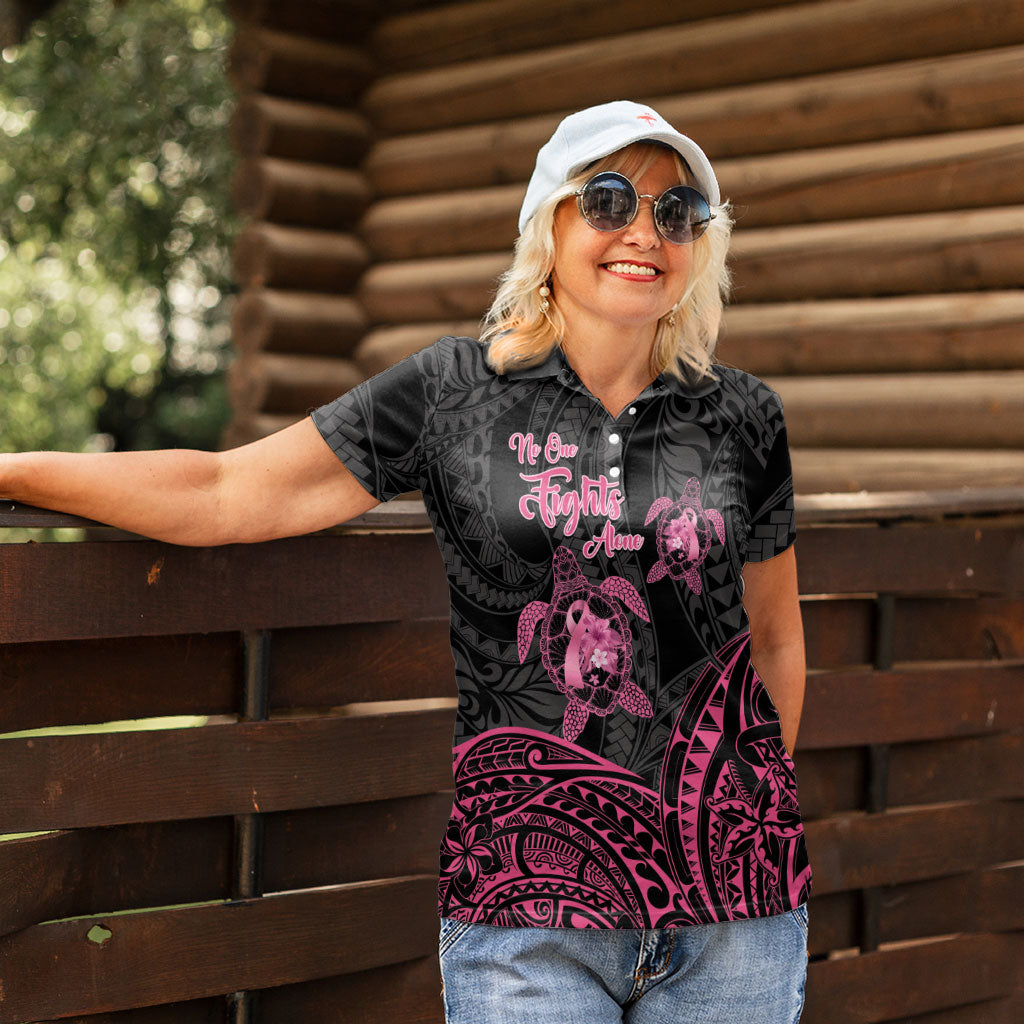 Personalised Polynesia Breast Cancer Support Women Polo Shirt No One Fights Alone Turtle Ribbon Black