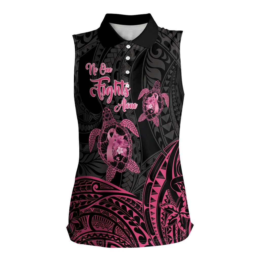 Personalised Polynesia Breast Cancer Support Women Sleeveless Polo Shirt No One Fights Alone Turtle Ribbon Black