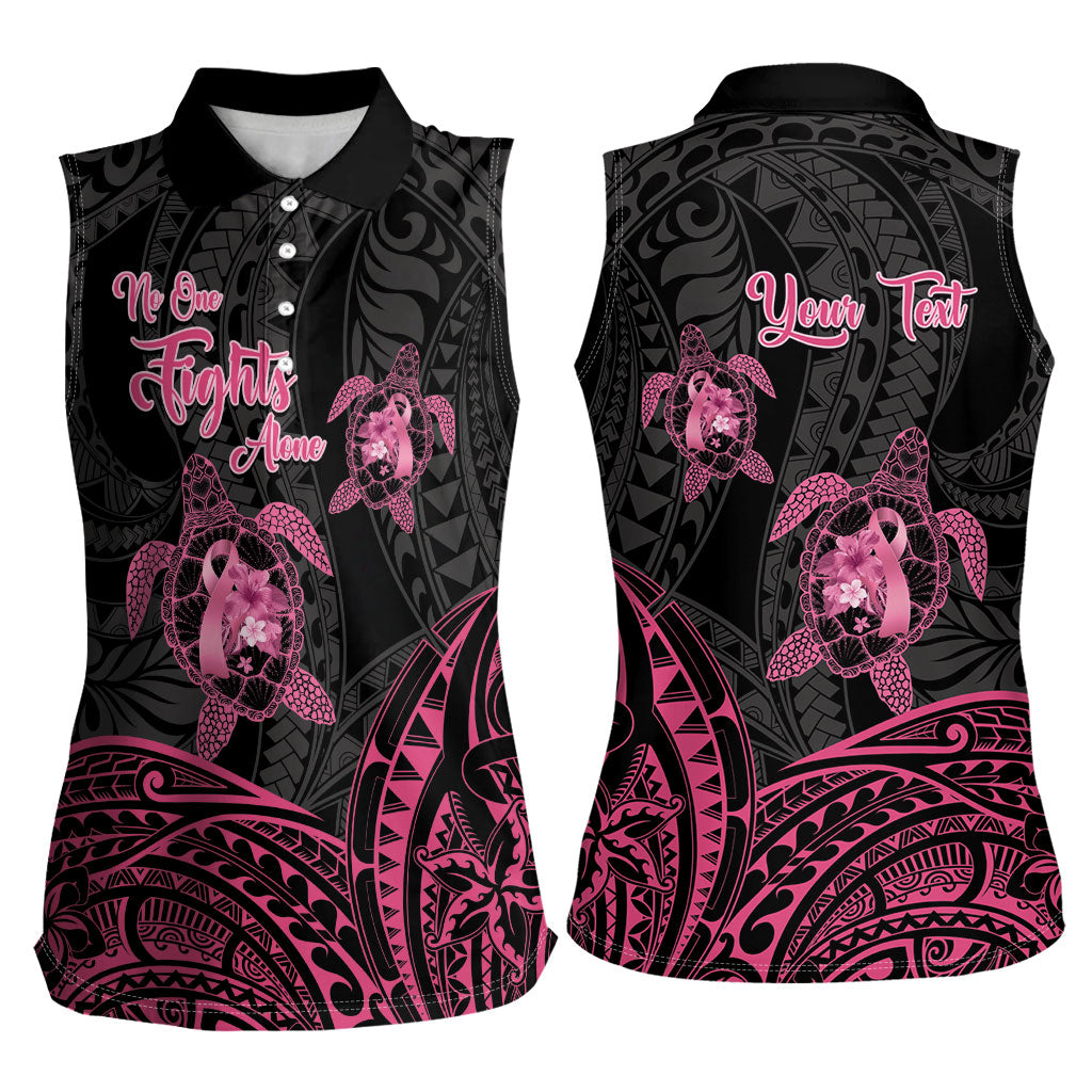 Personalised Polynesia Breast Cancer Support Women Sleeveless Polo Shirt No One Fights Alone Turtle Ribbon Black