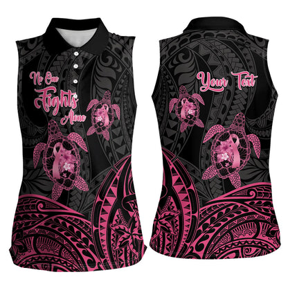 Personalised Polynesia Breast Cancer Support Women Sleeveless Polo Shirt No One Fights Alone Turtle Ribbon Black