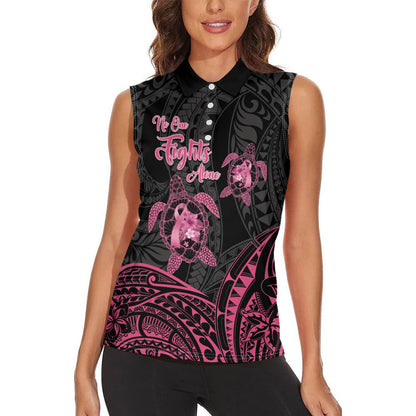 Personalised Polynesia Breast Cancer Support Women Sleeveless Polo Shirt No One Fights Alone Turtle Ribbon Black