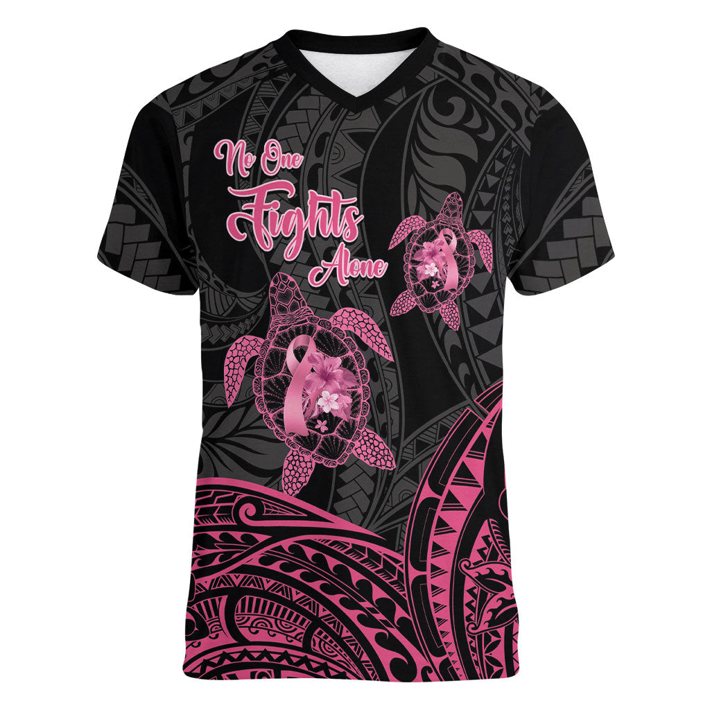 Personalised Polynesia Breast Cancer Support Women V-Neck T-Shirt No One Fights Alone Turtle Ribbon Black