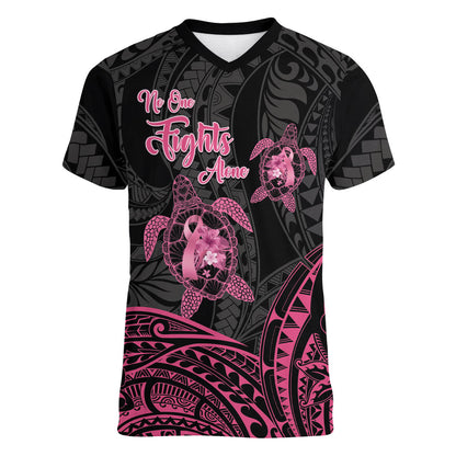 Personalised Polynesia Breast Cancer Support Women V-Neck T-Shirt No One Fights Alone Turtle Ribbon Black