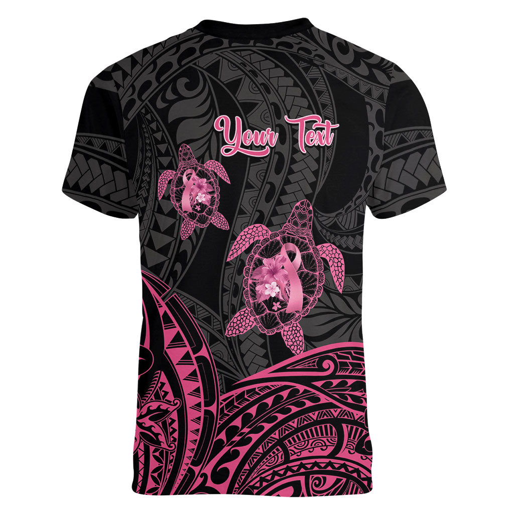 Personalised Polynesia Breast Cancer Support Women V-Neck T-Shirt No One Fights Alone Turtle Ribbon Black