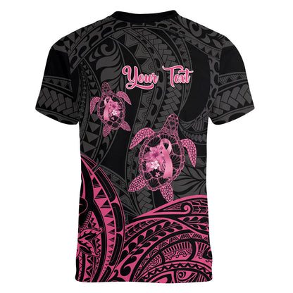 Personalised Polynesia Breast Cancer Support Women V-Neck T-Shirt No One Fights Alone Turtle Ribbon Black