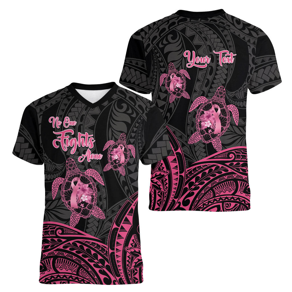 Personalised Polynesia Breast Cancer Support Women V-Neck T-Shirt No One Fights Alone Turtle Ribbon Black