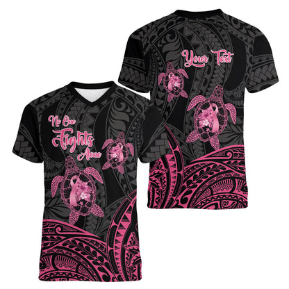 Personalised Polynesia Breast Cancer Support Women V-Neck T-Shirt No One Fights Alone Turtle Ribbon Black