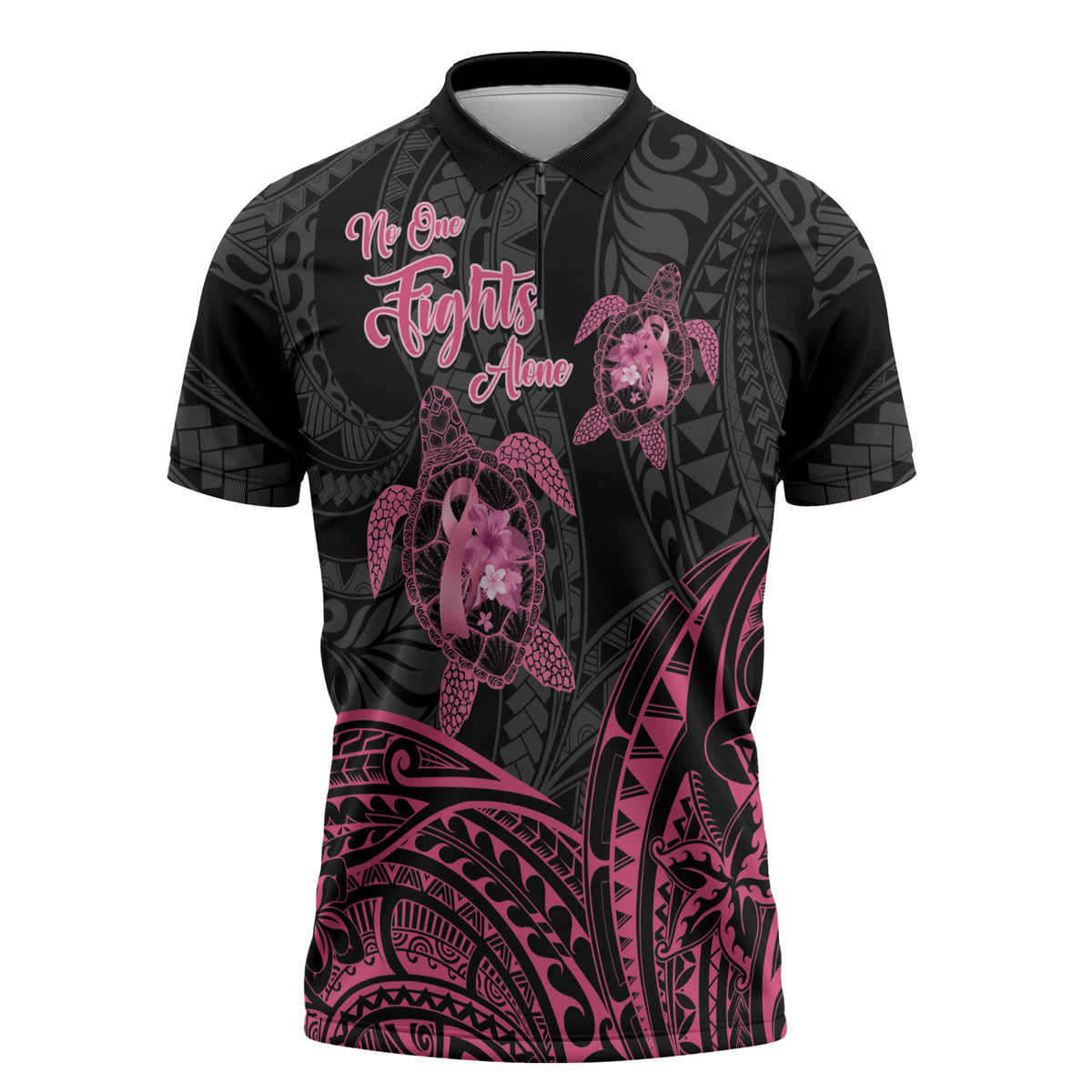 Personalised Polynesia Breast Cancer Support Zipper Polo Shirt No One Fights Alone Turtle Ribbon Black