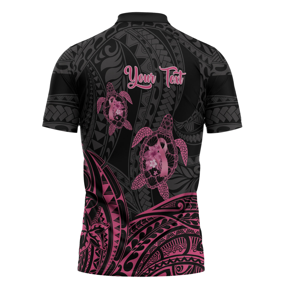 Personalised Polynesia Breast Cancer Support Zipper Polo Shirt No One Fights Alone Turtle Ribbon Black