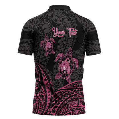 Personalised Polynesia Breast Cancer Support Zipper Polo Shirt No One Fights Alone Turtle Ribbon Black