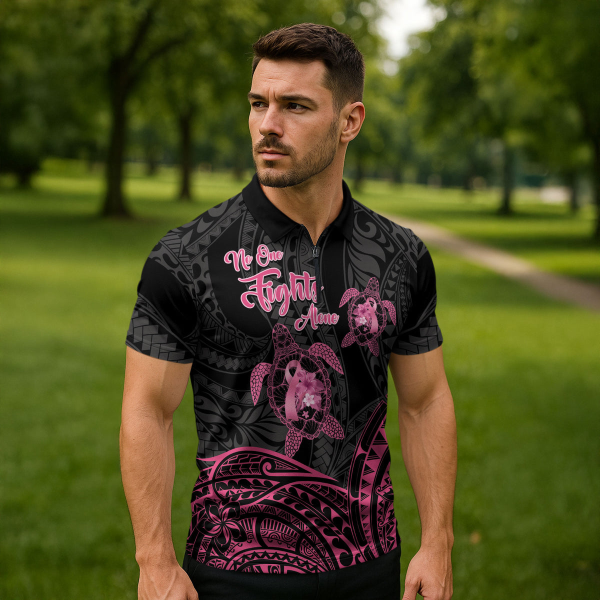 Personalised Polynesia Breast Cancer Support Zipper Polo Shirt No One Fights Alone Turtle Ribbon Black